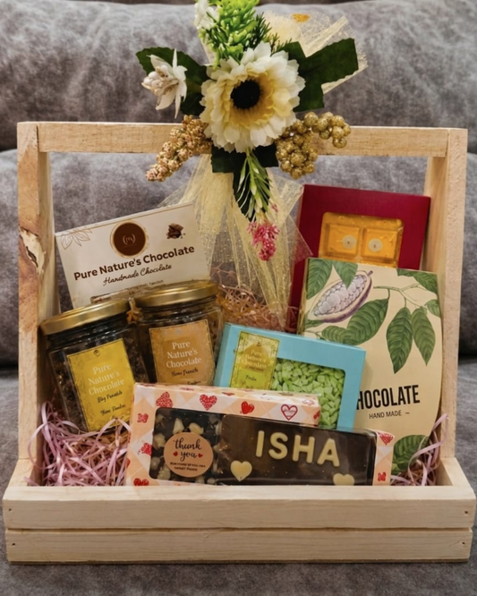 Gift basket with flowers, chocolates, 